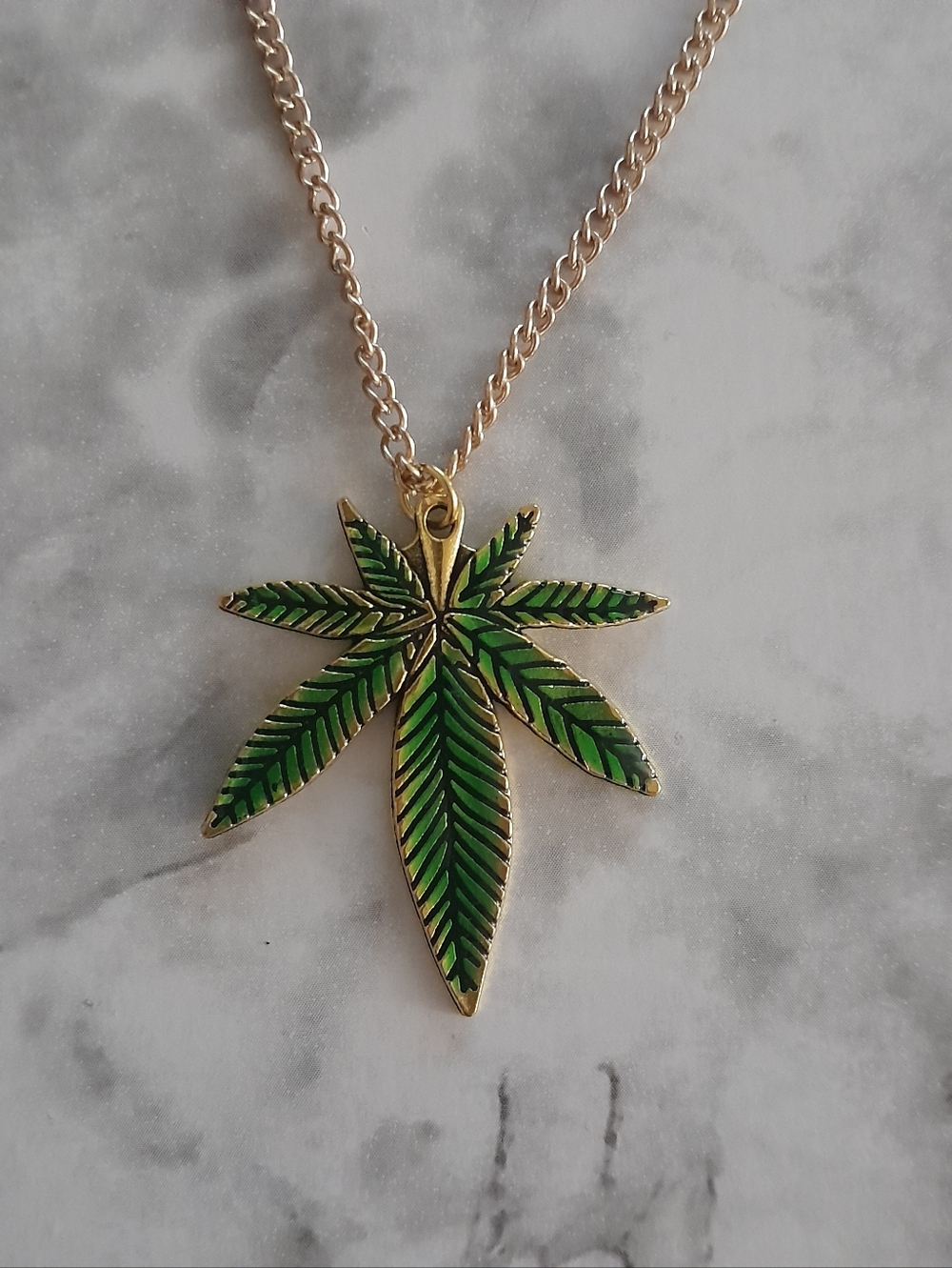 Gold Tone Green Pot Leaf Pendant Necklace - Women Jewelry - Picture 2 of 2